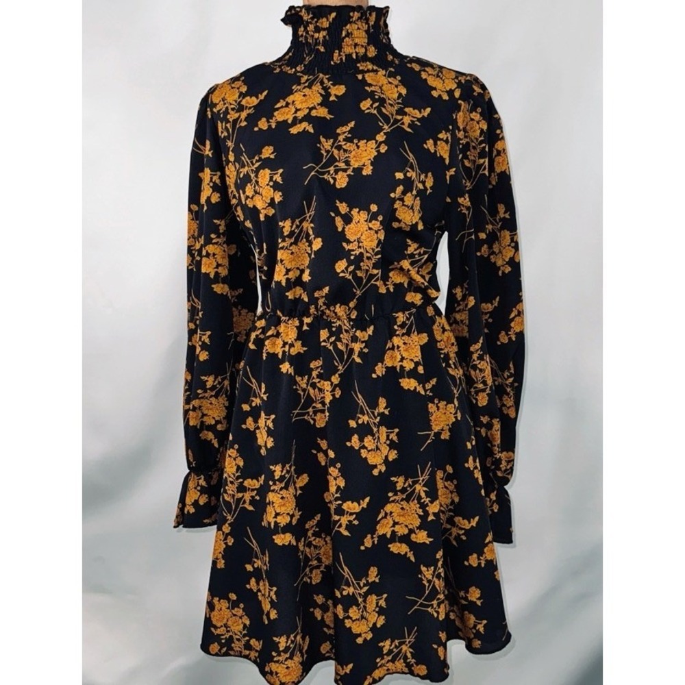 Floral Smocked‎ High Neck Mini Dress Black Gold Long Sleeve Elastic Waist Small
